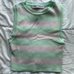 Zara Green and Pink Striped Crop Sweater